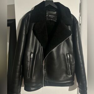 GUESS Men's Black Biker Jacket Shawl Collar Shearling Lined Heavyweight Zip L